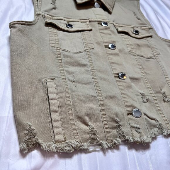 Risen Los Angeles Medium Women's Tan Sleeveless Denim Distressed Vest Brown/Tan - Picture 4 of 13